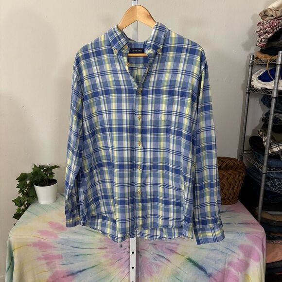 Lands End size large Blue and Yellow Plaid Men's Shirt button down long sleeve - Picture 7 of 7
